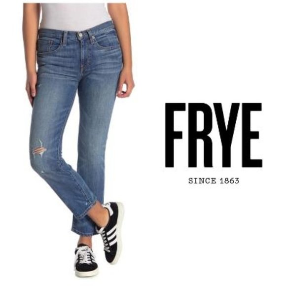 Frye Womens Medium Wash Distressed Cropped Kick Baby Bootcut Jeans Sz 28 NWT - Picture 6 of 9